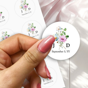 Braut und Bräutigam Initialen Wildblumen Sträußche Runder Aufkleber