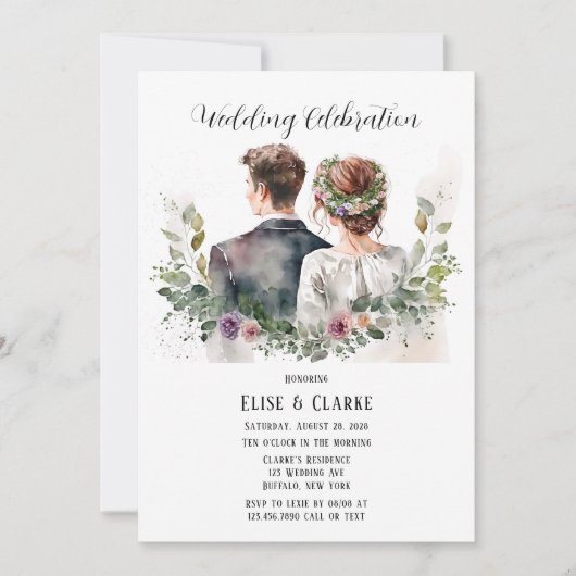 Braut und Bräutigam mit botanischer Floralhochzeit Einladung (Vorderseite)