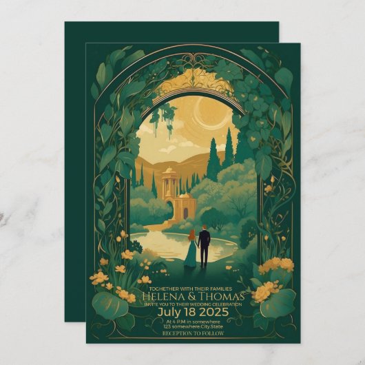 Braut und Bräutigam mit braunem Haar Einladung (Vorne/Hinten)