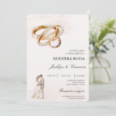 Braut und Bräutigam mit Ring Spanisch Hochzeit Einladung (Stehend Vorderseite)