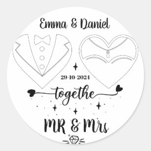 Braut und Bräutigam moderner Pinsel Schriftzug ben Runder Aufkleber