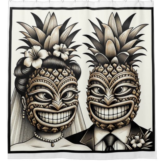 Braut und Groom Aloha Pineaple Tiki Kopfhochzeit Duschvorhang (Vorderseite)