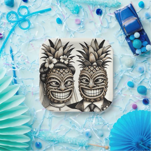 Braut und Groom Aloha Pineaple Tiki Kopfhochzeit Pappteller (Party)