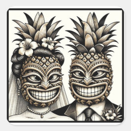 Braut und Groom Aloha Pineaple Tiki Kopfhochzeit Quadratischer Aufkleber