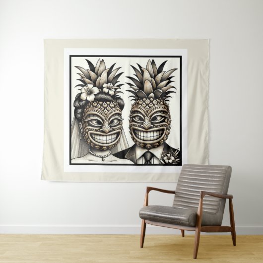 Braut und Groom Aloha Pineaple Tiki Kopfhochzeit Wandteppich (Beispiel (Horizontal))