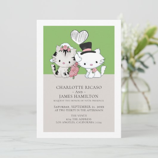 Braut und Groom Cat Themed Wedding Ankündigung (Stehend Vorderseite)
