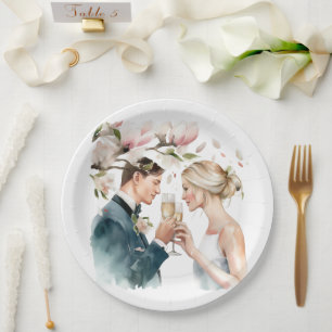 Braut und Groom Champagne Magnolias Pappteller