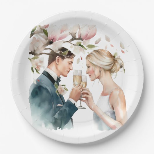 Braut und Groom Champagne Magnolias Pappteller (Vorderseite)