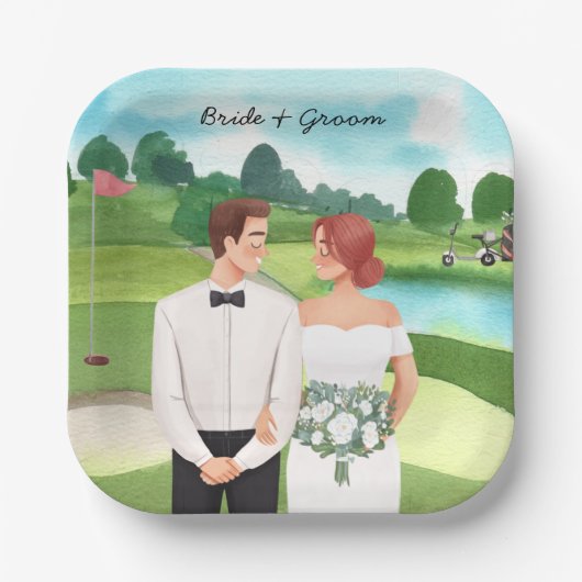  Braut und Groom Golfer Hochzeit im Golfplatz Pappteller (Vorderseite)