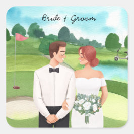 Braut und Groom Golfer Hochzeit im Golfplatz Quadratischer Aufkleber