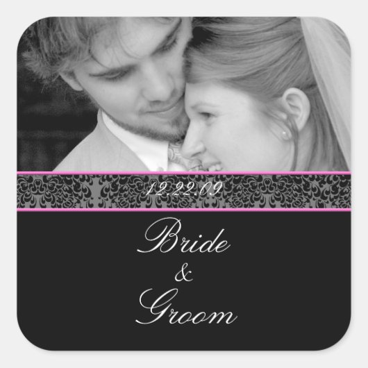 Braut und Groom Hochzeitsrosa Trimm mit Ihrem Foto Quadratischer Aufkleber (Vorderseite)