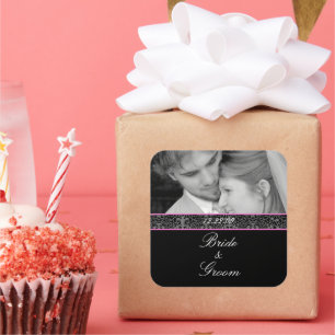 Braut und Groom Hochzeitsrosa Trimm mit Ihrem Foto Quadratischer Aufkleber