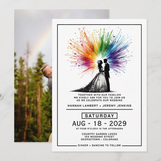 Braut und Groom Rainbow Burst Wedding Einladung (Vorne/Hinten)