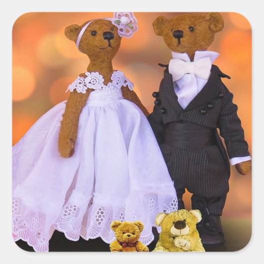 Braut und Groom Teddy Bears Quadratischer Aufkleber (Vorderseite)