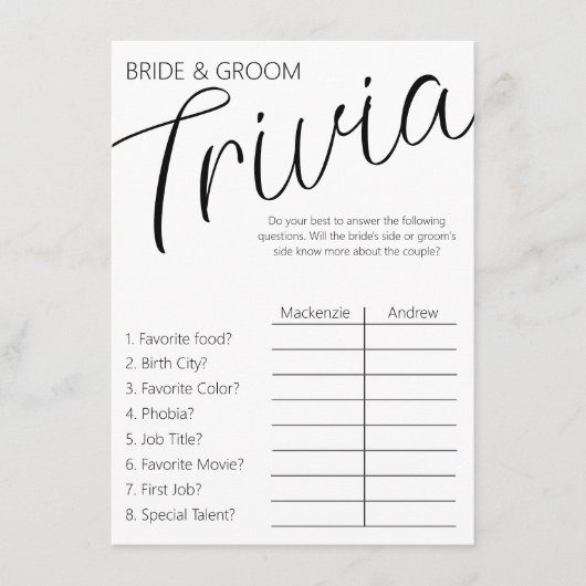 Braut und Groom Trivia Begleitkarte (Vorderseite)