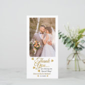 Braut und Groom Wedding Foto Gold Script Dankeskarte (Stehend Vorderseite)