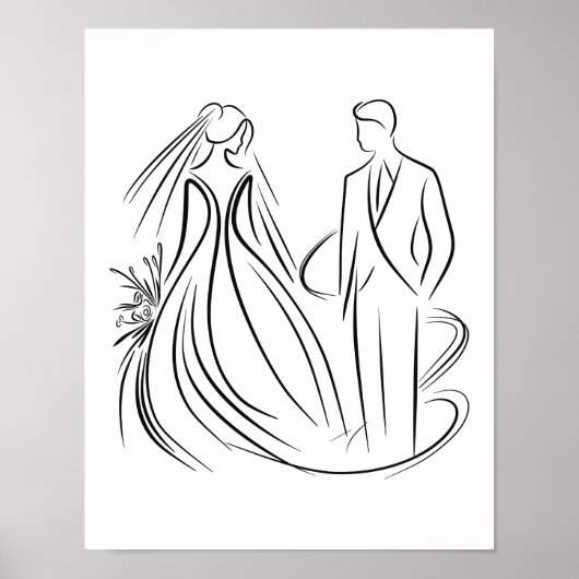 "Braut und Groom Wedding Line Kunst Schwarz und We Poster (Vorne)