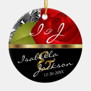 Braut und Groom Wedding Rote Rose Sake halten Keramikornament