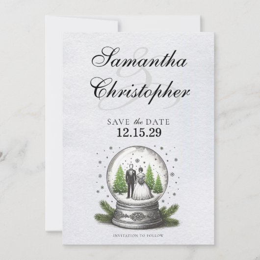 Braut und Schneeglobe Save The Date (Vorderseite)