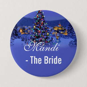 Braut, vintage Weihnachtsbaum schneebedeckte Nacht Button