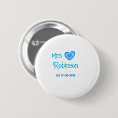 Braut wird Mrs Name Datum Blaue Herz Wasserfarbe Button (Vorne & Hinten)