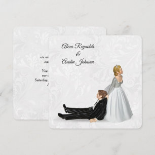 Braut zieht den Bräutigam Hochzeitshumor Einladung
