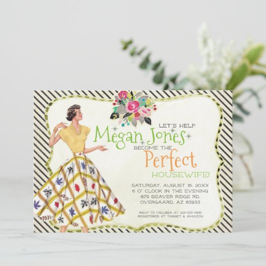 Brautdusche Einladung | Retro-Hausfrau (Stehend Vorderseite)