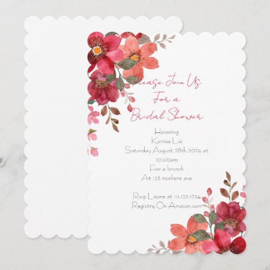 Brautdusche Einladung rosa Blumendesign (Vorne/Hinten)