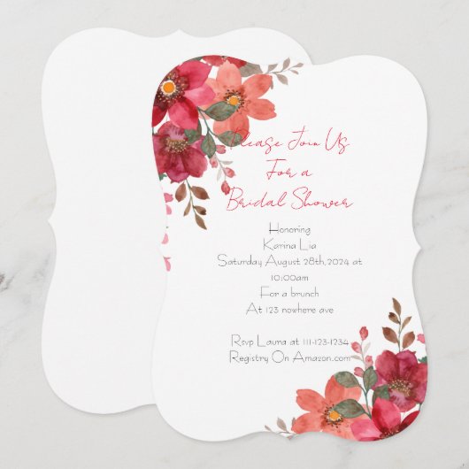 Brautdusche Einladung rosa Blumendesign (Vorne/Hinten)