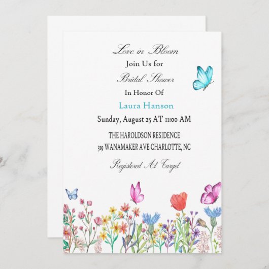 Brautdusche Einladung Schmetterlinge blau/lila (Vorne/Hinten)