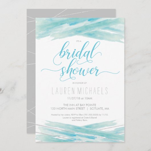 Brautdusche, Wasserfarbe, Blau, Silber Einladung (Vorne/Hinten)