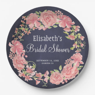 Brautdusche Wasserfarbe rosa floral navy Pappteller