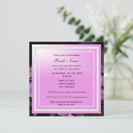 Brautduscheinladung, lila Dahlia Einladung (Stehend Vorderseite)