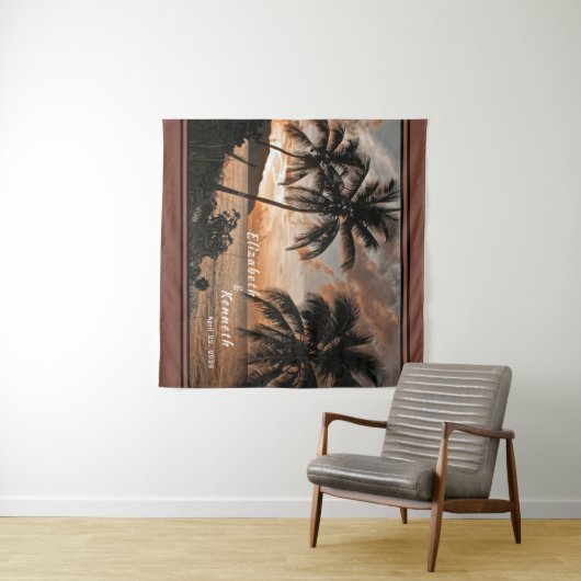 Brautgroom Hochzeit tropischer Sonnenuntergang Cus Wandteppich (Beispiel (Horizontal))