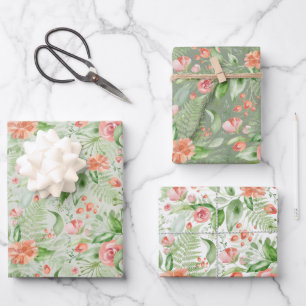 Brautgrün und rosa tropische Blumen und Farne Geschenkpapier Set