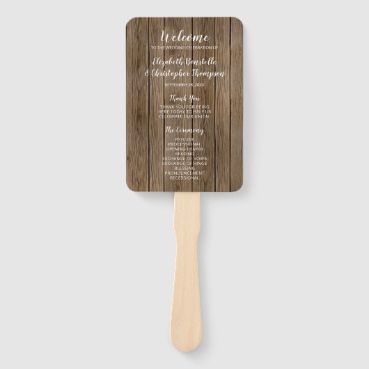 Brautholz-Hochzeitsprogramm für rustikale Kalligra Fächer (Vorderseite)