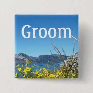 Bräutigam Hochzeitsknopf, Blumen und See, blauer H Button