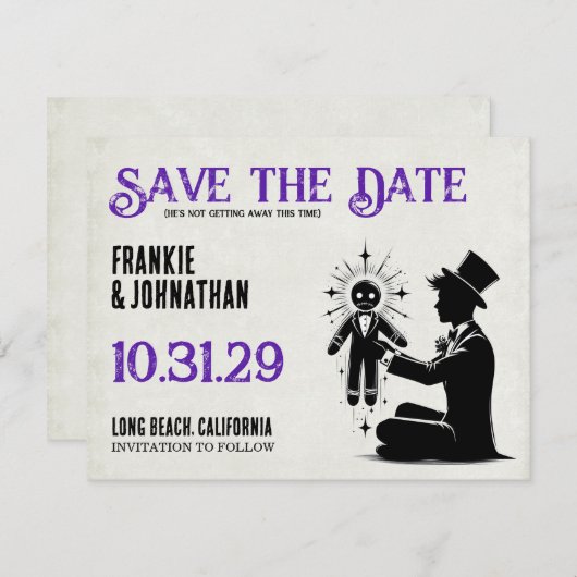 Bräutigam mit Voodoo-Puppengärten Save The Date (Vorne/Hinten)