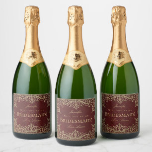 Brautjungfer Antrag Burgund Gold Elegant Vintage Schaumweinetikett