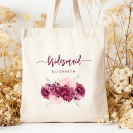 Brautjungfer Blumen Burgunderrosa Schrift Tragetasche