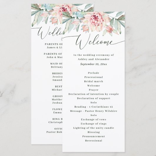 Brautjungfer Blumen Hochzeit. Wasserfarbene elegan Programm (Vorne/Hinten)