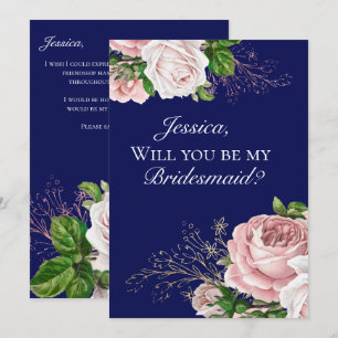 Brautjungfer-Einladung mit navyblauen floralen ros Einladung