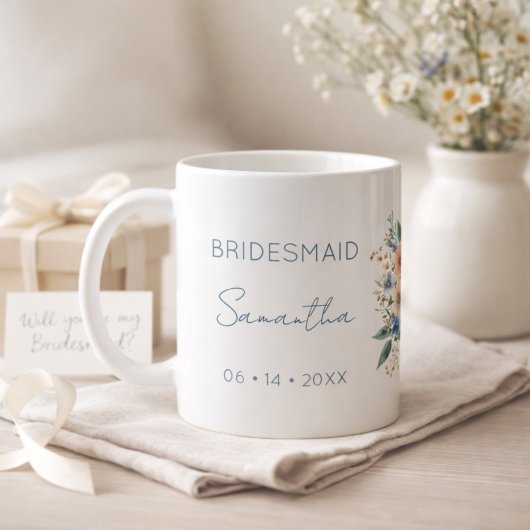 Brautjungfer Geschenk Blau Blumen Personalized Kaffeetasse