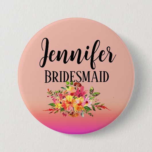 Brautjungfer | Moderne Florale Personalisierte Button (Vorderseite)