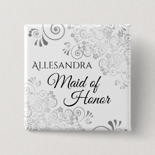 Brautjungfer Name Tag Silber Lacy Curls Button