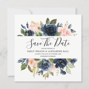 Brautjungfer & Navy-Wasserfarben-Blumen-Hochzeit Save The Date