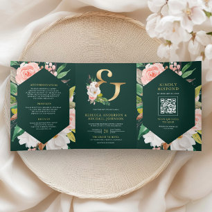 Brautjungfer Rosa Floral Smaragdgrün QR-Code Hochz Dreifach Gefaltete Einladung