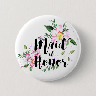 Brautjungfer Rosa Florale Wasserfarbe Hochzeit Button