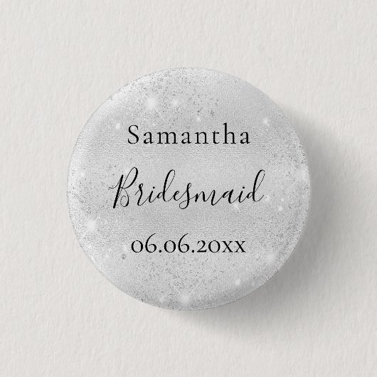 Brautjungfer silberner Glanz eleganter Name Button (Vorderseite)