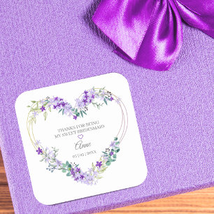 Brautjungfer Wasserfarbe Florales Herz in Lila Quadratischer Aufkleber